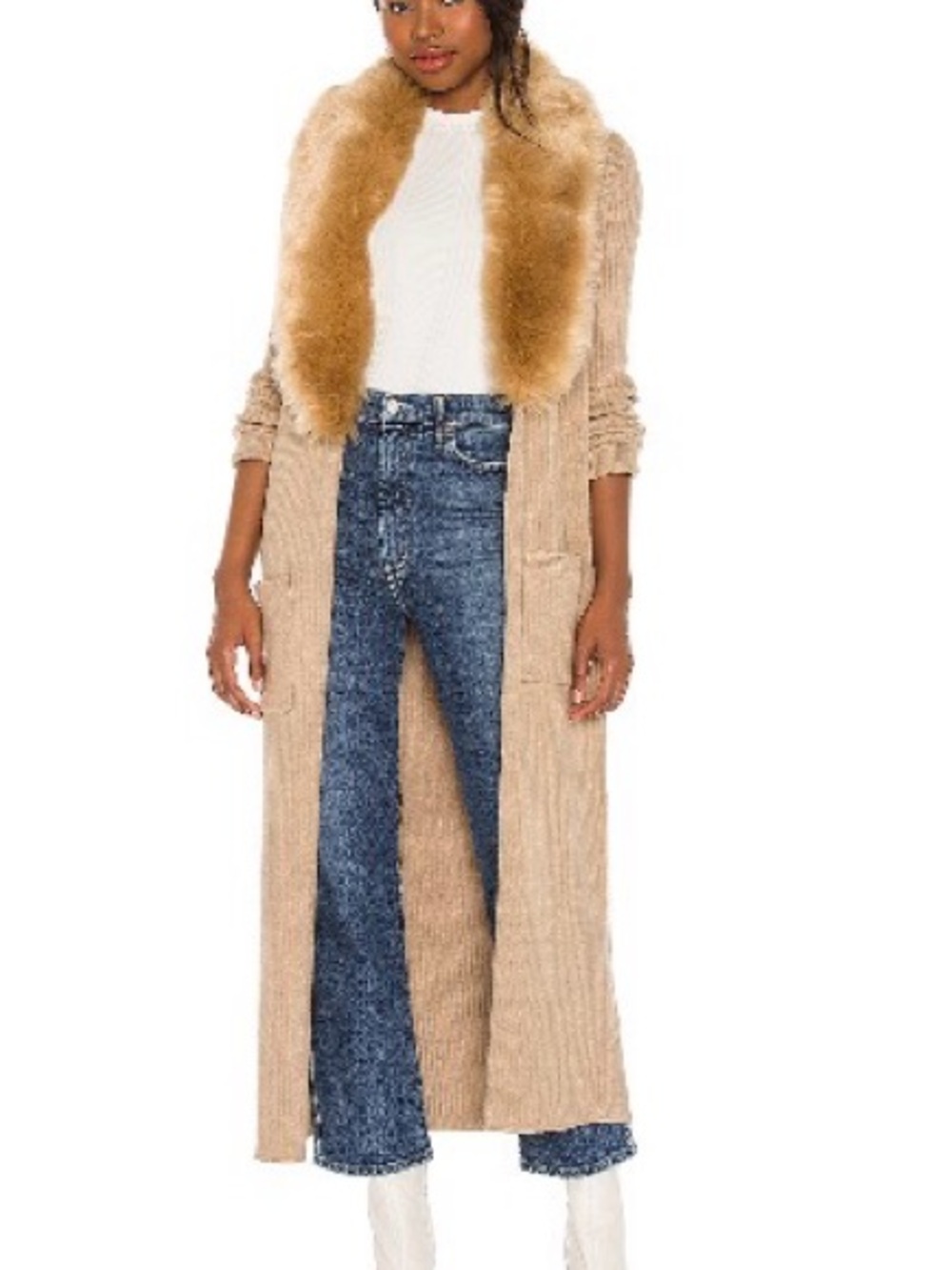 Show Me Your MuMu Beige Longline Cardigan with Faux Fur Collar